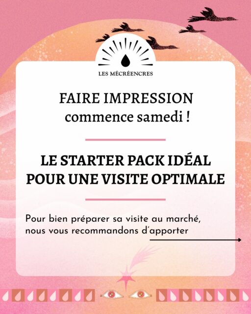 🖼 Faire Impression c'est samedi !!
Et nous avons encore quelques petites reco pour votre visite !

Nous vous recommandons d'apporter :

💸 De la monnaie, le meilleur moyen de soutenir les artistes en leur évitant les frais de CB !
Beaucoup d'artistes ont un terminal de paiement pour faciliter vos emplettes coup de coeur, cependant nous payons des charges lors de ces transactions.
Amener de la monnaie nous évite d'avoir à les payer et nous soutient directement.

👝 Une pochette cartonnée format A3 ou A4 pour ranger vos superbes trouvailles.
C'est par soucis écologique que nous vous conseillons d'apporter des pochettes. Nous utilisons toustes différents packaging pour protéger nos précieuses illustrations : amener une pochette permet de limiter l'utilisation de ces emballages qui finissent à la poubelle et augmentent les déchets.

🛍 Un totebag pour ranger votre pochette
Toujour plus pratique pour porter vos trésors
que de les avoir plein les bras !

💧 Une gourde pleine d’eau car s’hydrater c’est important.
Nous sortons à peine de la canicule printanière, gardons les bon réflexes ! (Et si finalement il pleut... amenez plutôt un parapluie dans ce cas !)

🪭 Un éventail pour braver la chaleur avant de nous rejoindre à la fraîche !
Cela vous permettra de vous aérer sur le chemin avant d'arriver à la Bourse du travail où il fait souvent moins chaud.
(Et si vous avez pris votre parapluie cela vous fera un style unique et hors du commun !)

✨ Toutes vos bonnes vibes pour passer un bon moment ensemble !
Car à chaque édition votre présence est un pur plaisir et cet événement ne serait clairement pas le même sans vous, vos sourires, nos discussions, vos retours, vos adoptions.

Merci d'être là durant nos événements ! 💖
La team Mécréencres

#saintetiennemetropole #loiretourisme #marchédelillustration #achetezlocal #art