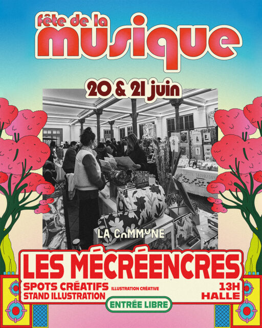 Ce week-end, à l'occasion de la fête de la musique, retrouvez nous à @lacommunemazerat pour un corner de ventes d'illustration, le samedi et le dimanche de 13h à 19h ! 🎵

Plusieurs artistes de l'association seront présent·es pour vous présenter leurs univers : 
· Le Bruit des feuilles |  @lebruit.desfeuilles [weekend entier]
· La P’tite sauvageonne | @la_ptite_sauvageonne [weekend entier]
· Miss Dermott [weekend entier]
· Annso | @ll.annso [samedi]
· Le Monde d’Yseult | @le_monde_d_yseult [samedi]
· Des Ronces X Des Orties | @desroncesxdesorties [samedi]
· Isabel Mariscal | @isabel_mariscal_illustration [weekend entier]
· La Belle Bête studio | @la_belle_bete_studio [weekend entier]
· Prune Charlet | @prune_charlet [weekend entier]
· Marion Narbonnet | @mariondelamolette [dimanche]
· Sarah Balvay | @srblv [dimanche]
· Fachri Maulana | @katcrunch [dimanche]
· Lina Abssi | @lina.abssi [weekend entier]

Vous pourrez également acheter des badges et des affiches de nos précédents marchés !

Ce sera l'endroit parfait pour faire des emplettes, siroter un cocktail, manger un bout, tout en écoutant de la chouette musique à la fraiche 🫶

On a hâte de vous y retrouver ! ☀️

Graphisme affiche : Corentin Murat